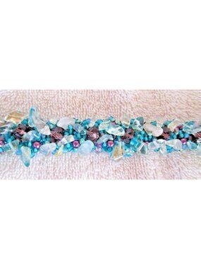 Lilybead Blue Brown Plum Clear Hand Beaded Guatemalan Bracelet  7 1/4"